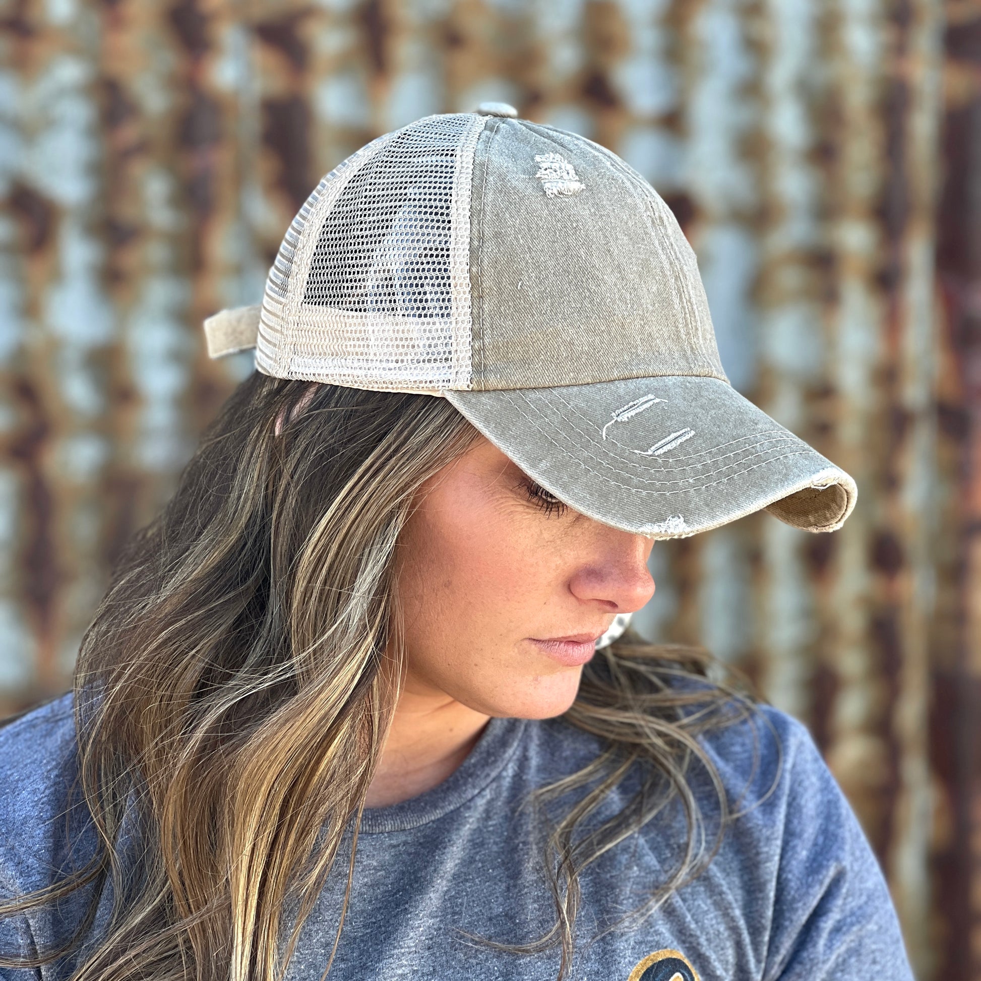 distressed khaki baseball cap with tan mesh 