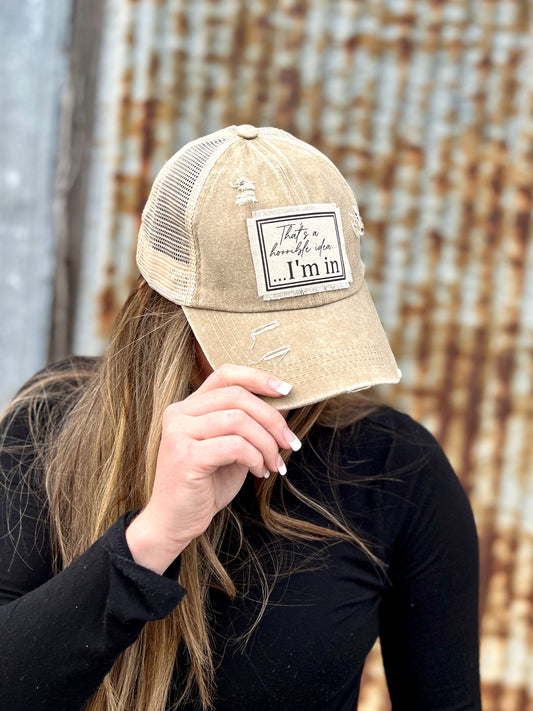 distressed khaki baseball cap with material patch design" Thats a Horrible Idea,... IM IN! 