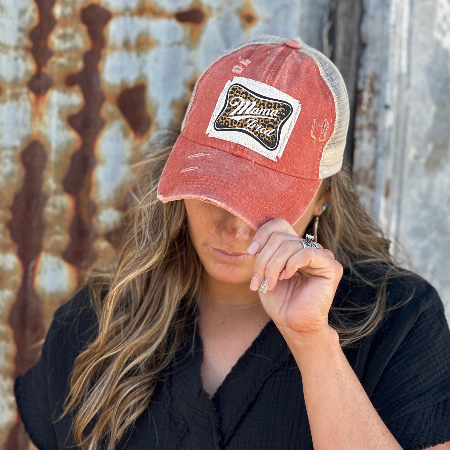 Womens distressed Orange baseball cap with material patch with saying" Mama Tried" with leopard backround. 