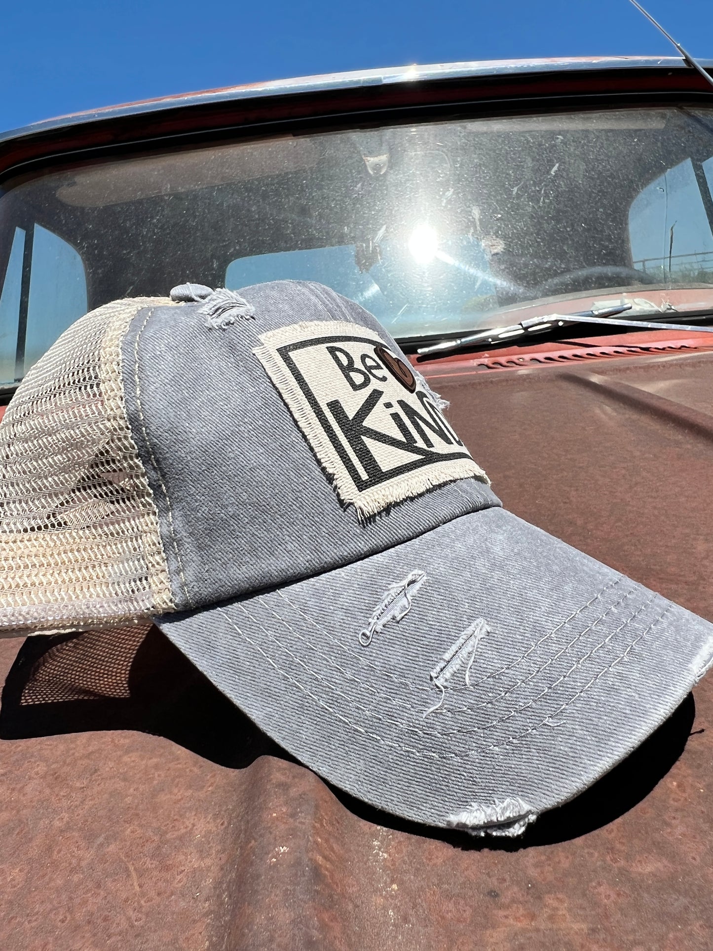 Side of Grey Be Kind patch baseball cap with khaki mesh 