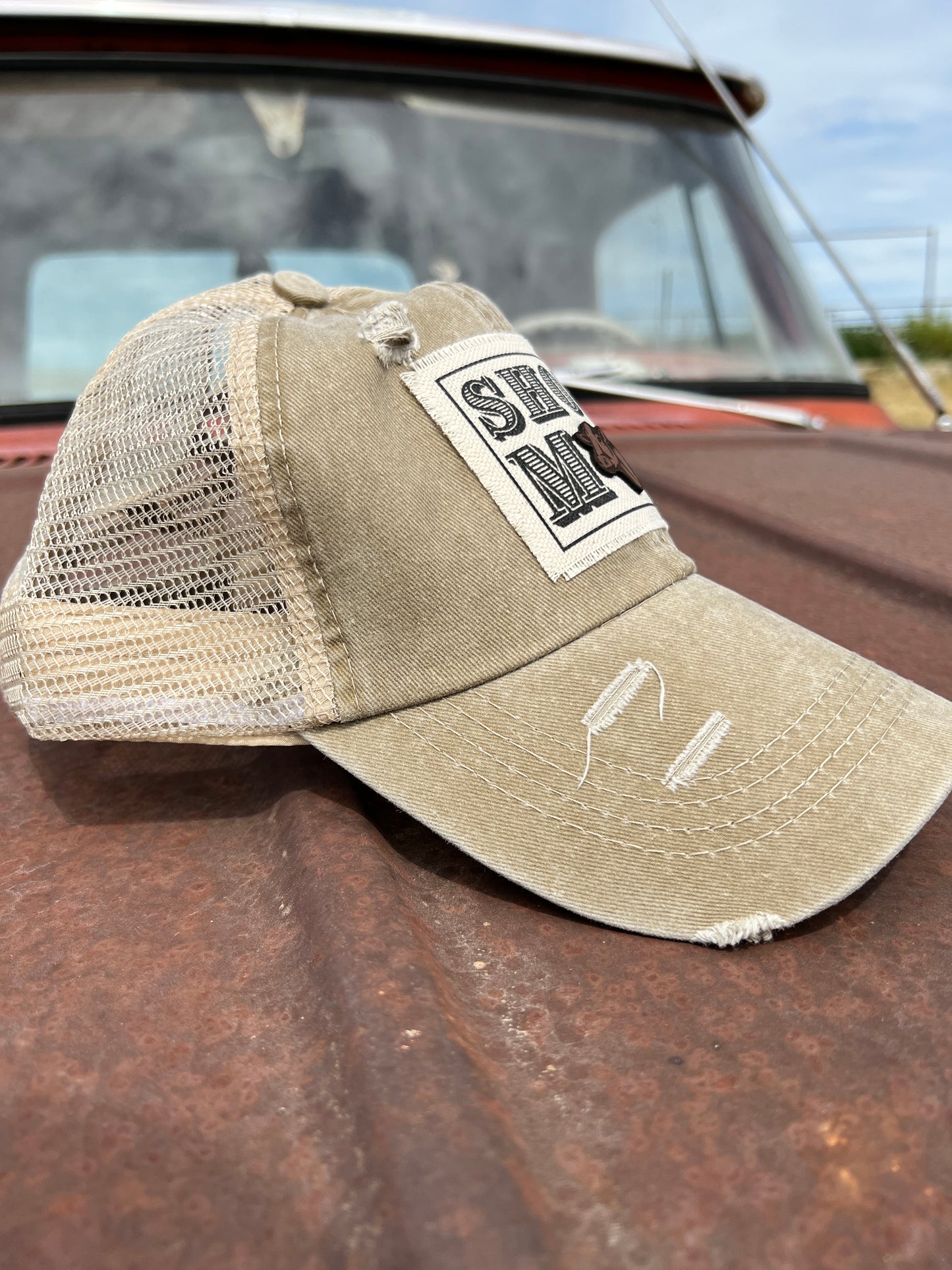 Side view of Show Mom Distressed khaki baseball cap with tan mesh 