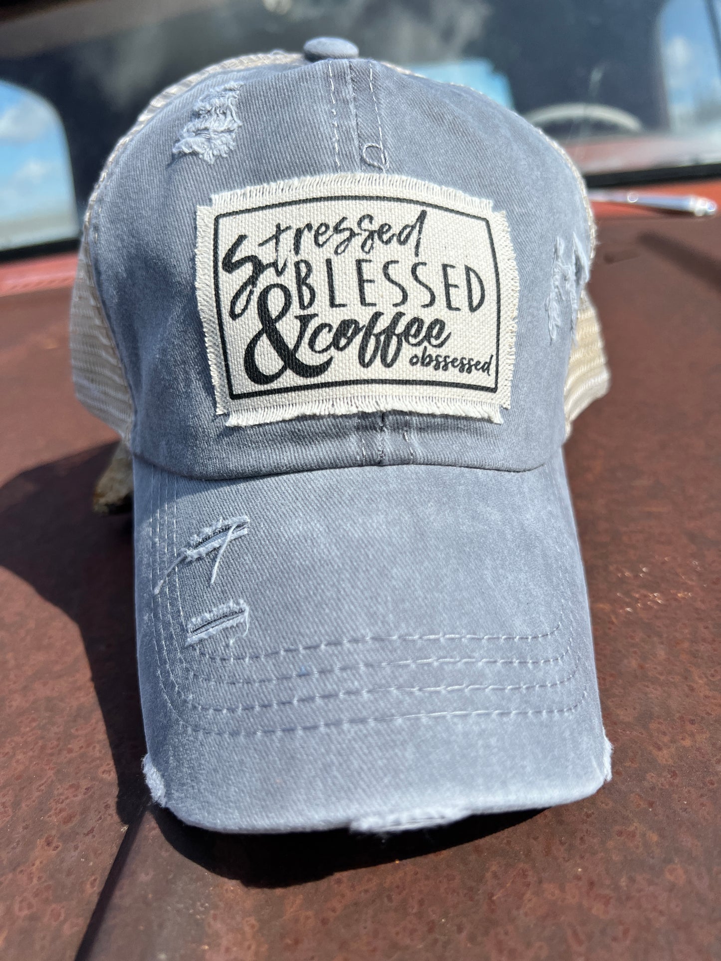 Stressed Blessed & Coffee Obssessed Grey Baseball Cap