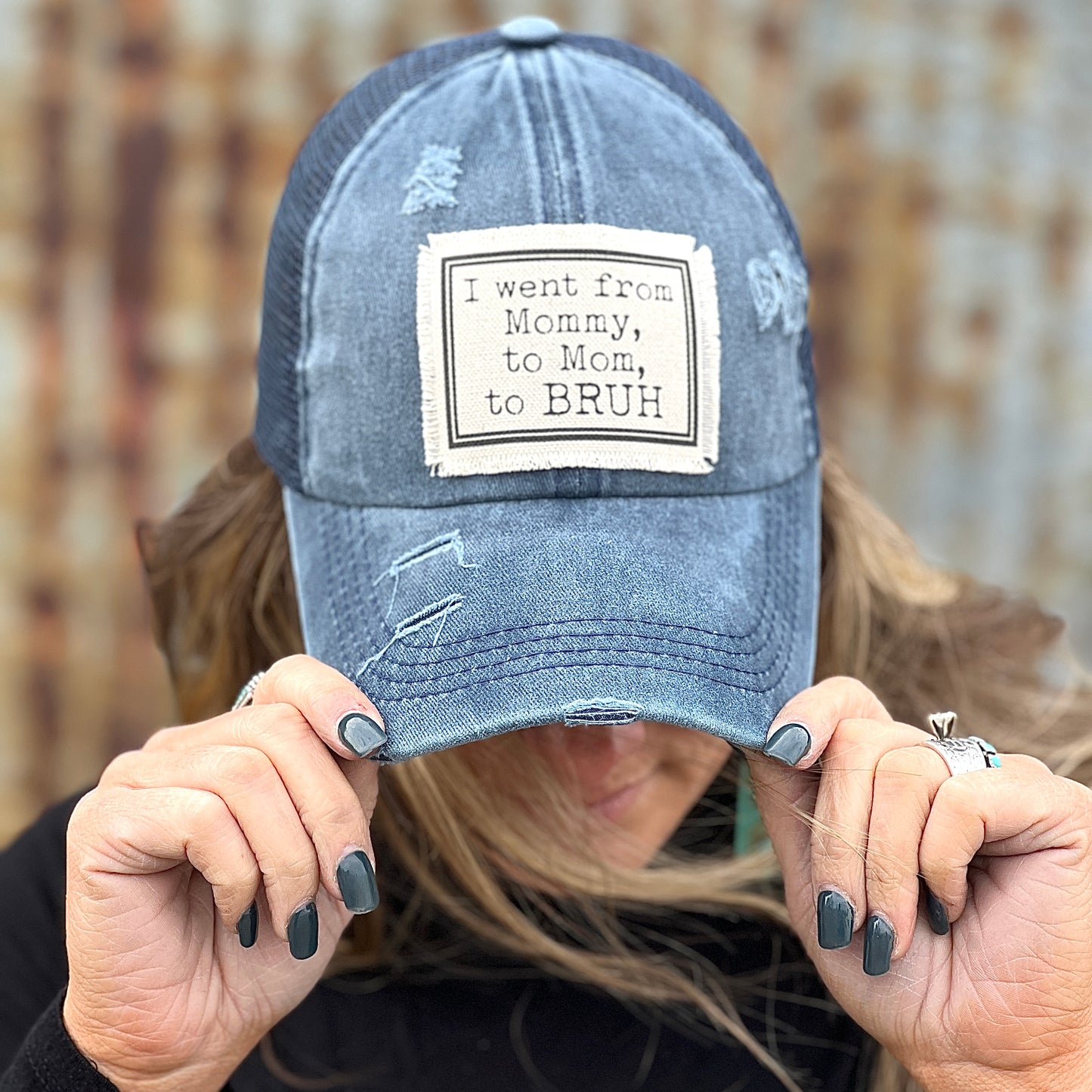Distressed Navy baseball cap with material patch saying" I went from Mommy, to Mom, to Bruh